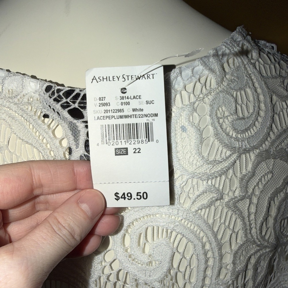 Ashley Stewart White Lace Front Zip Blouse NWT Size 22 Peplum - Picture 4 of 5